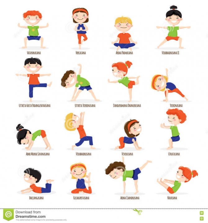 Детская йога для начинающих, упражнения в картинках